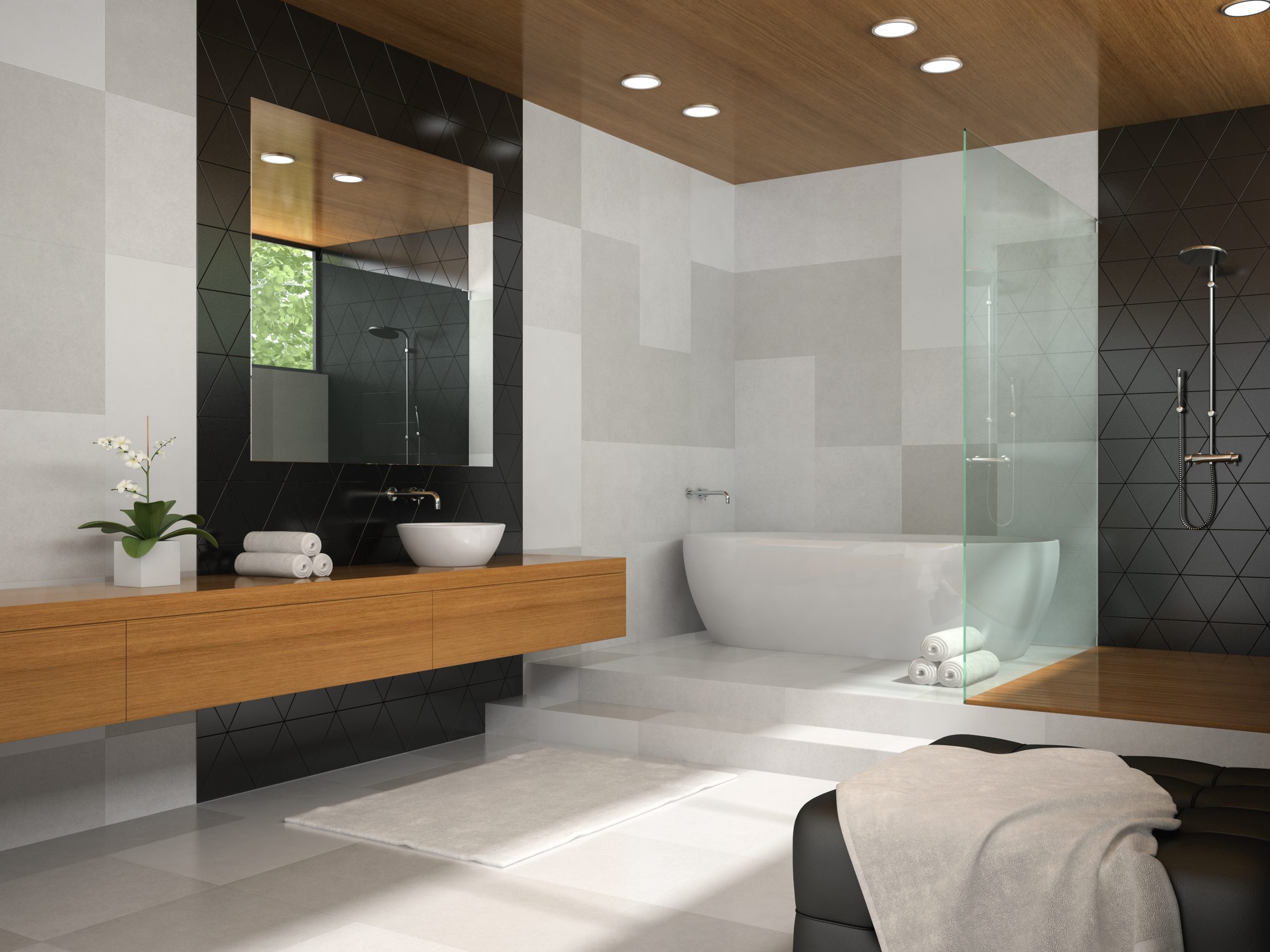 Interior of bathroom with wooden ceiling 3D rendering 4 Interior of bathroom with wooden ceiling 3D rendering
